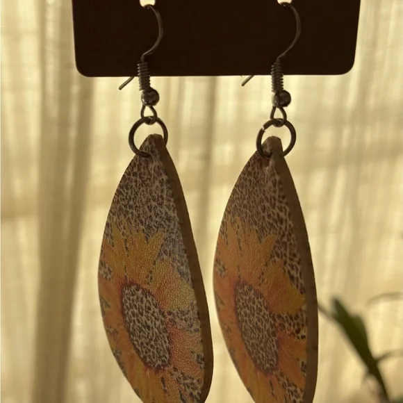 Sunflower Teardrop Leatherette Earrings in Orange & Brown - Picture 2 of 2
